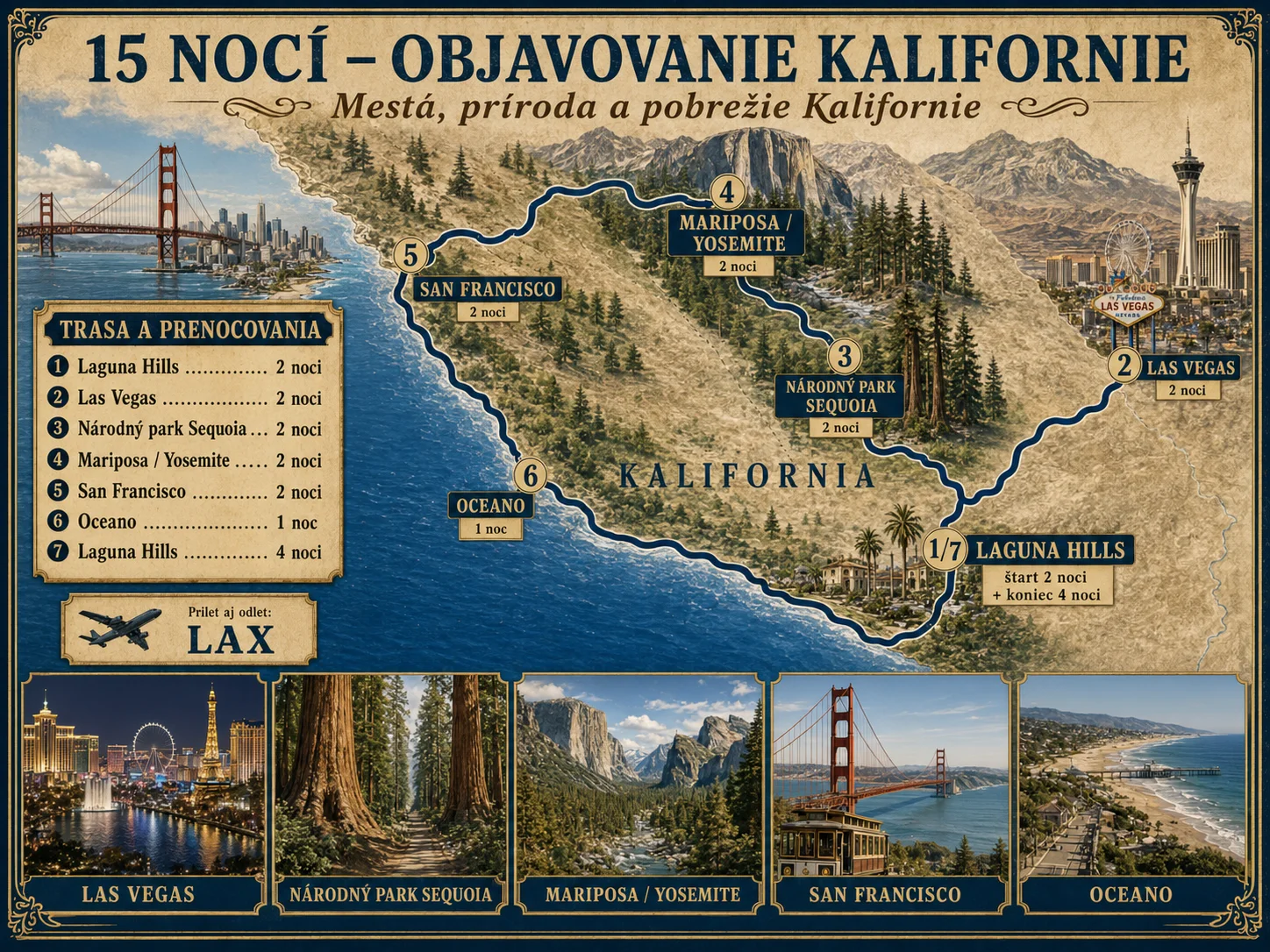 Mapa trasy California Discovery (15 nocí)