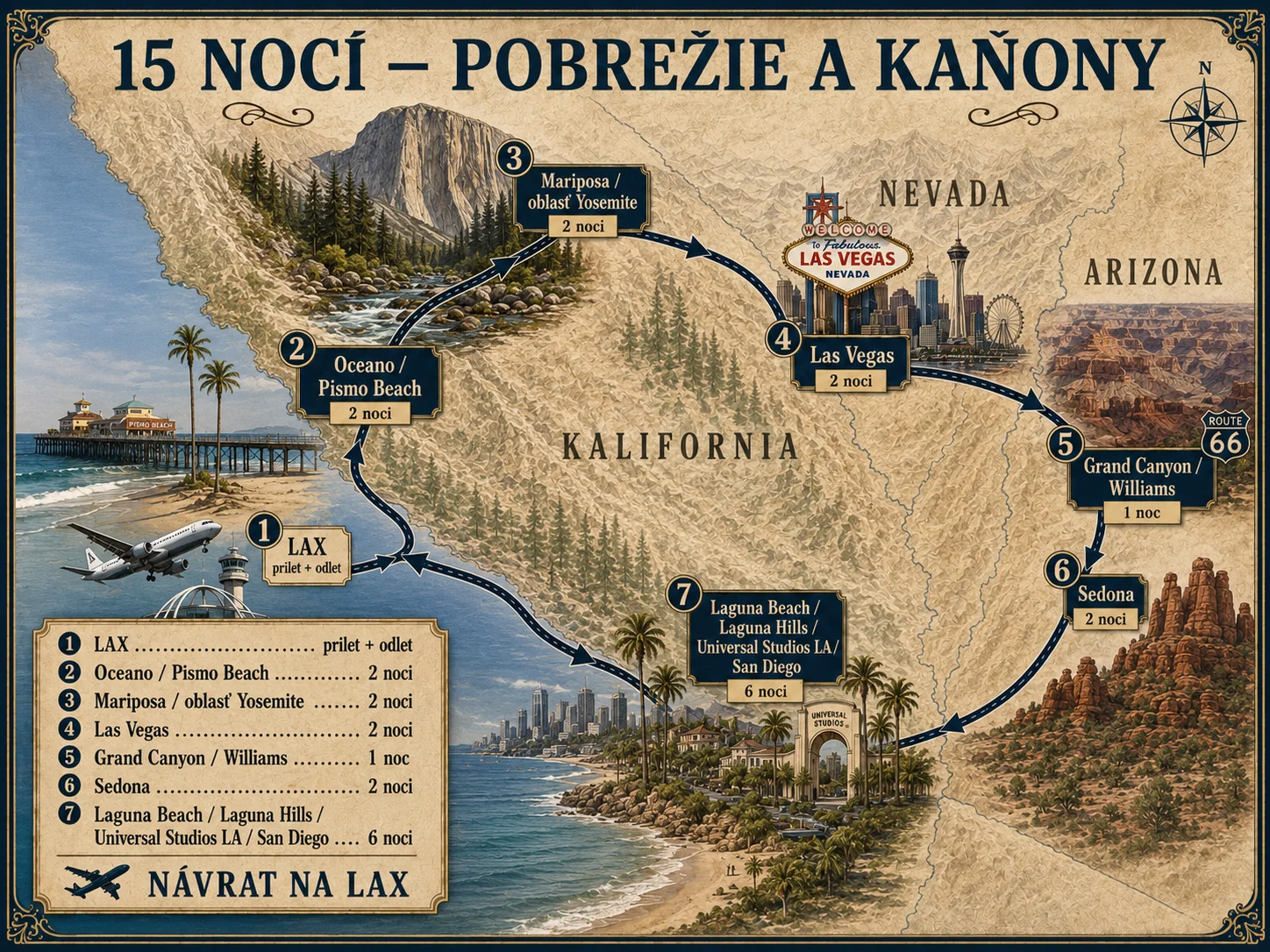 Mapa trasy Coast & Canyons – 15 nocí
