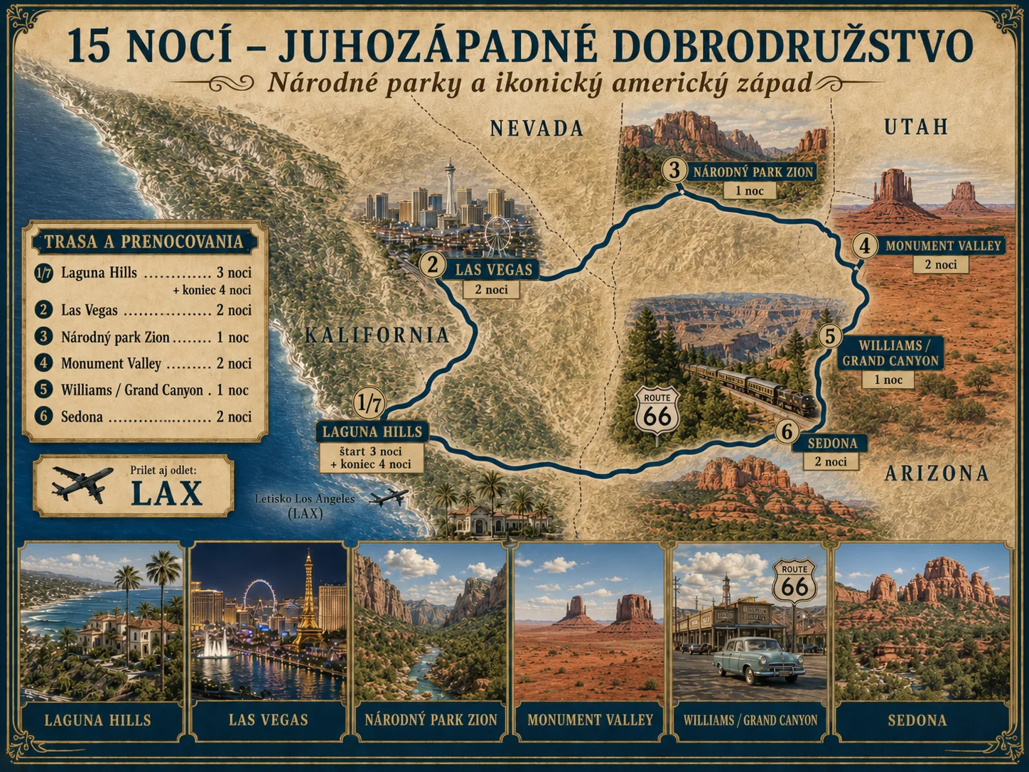 Mapa trasy Southwest Adventure (15 nocí)