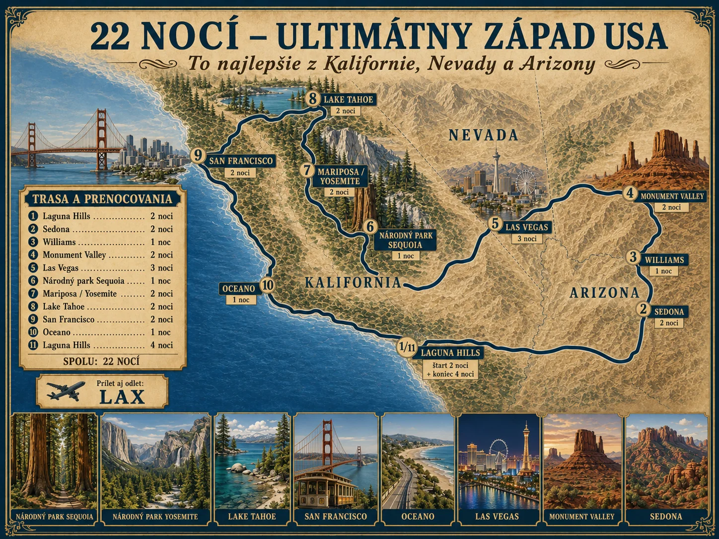 Mapa trasy Ultimate West Coast (22 nocí)